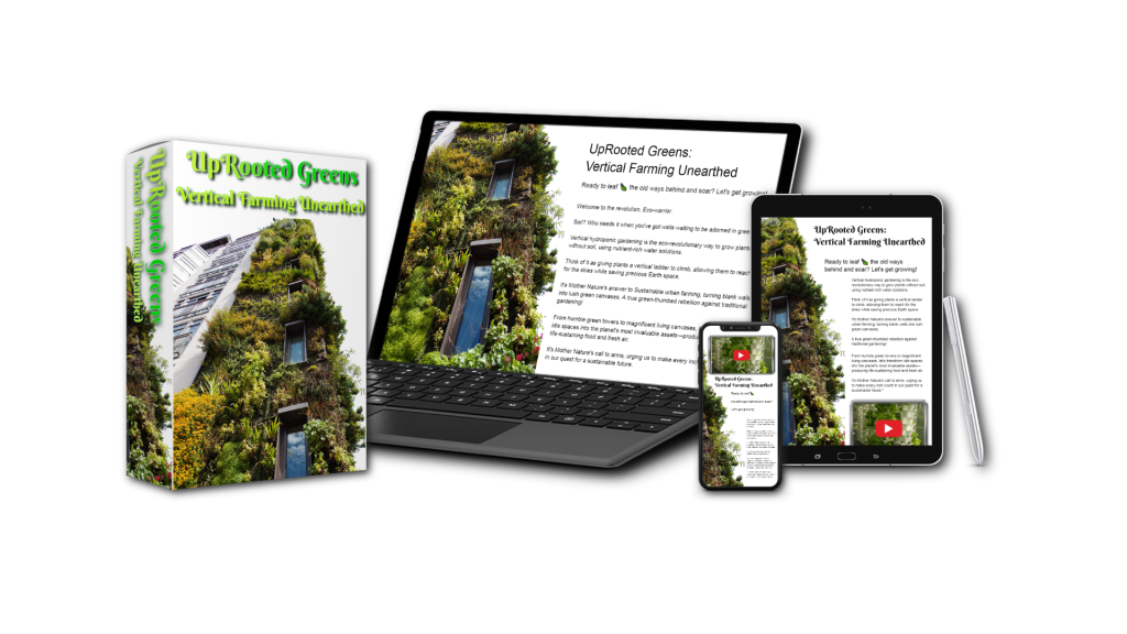 Digital devices showcasing 'UpRooted Greens: Vertical Farming Unearthed' course. A software box, laptop, tablet, and phone radiate with the green promise of sustainable vertical hydroponic gardening.