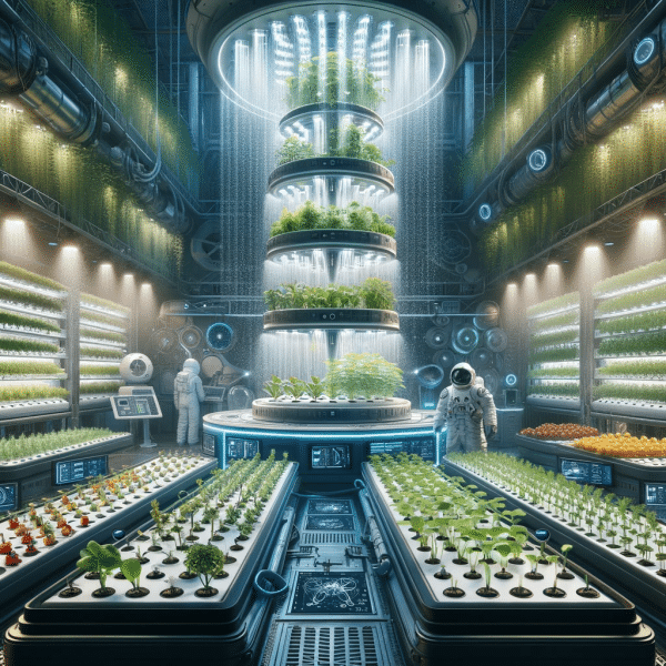 'The Science of Aeroponics_ The Marvel of Growing Plants in Thin Air'. Visualize a futuristic aeroponic farm inside a space station